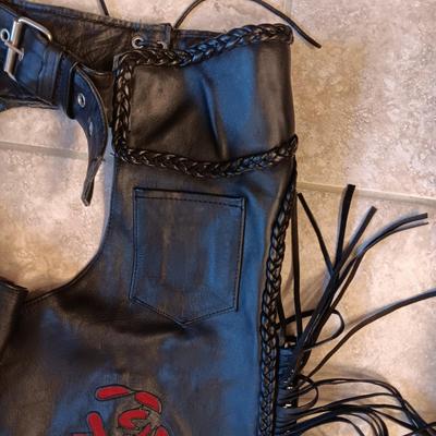LADIES UNIK LEATHER CHAPS W/RED ROSE ACCENTS