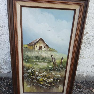 Original framed and signed artwork - Country scene barn and daisy's