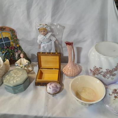 Delicate collectibles - lidded porcelain canister - vase - doll - and more
