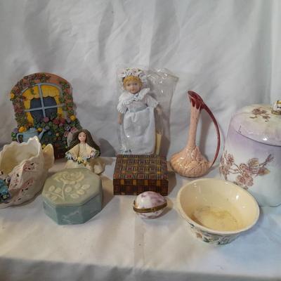 Delicate collectibles - lidded porcelain canister - vase - doll - and more
