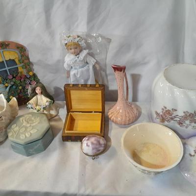 Delicate collectibles - lidded porcelain canister - vase - doll - and more