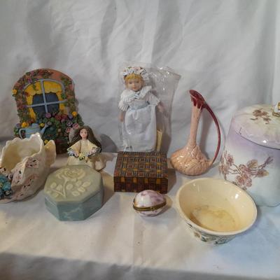 Delicate collectibles - lidded porcelain canister - vase - doll - and more