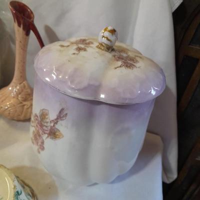 Delicate collectibles - lidded porcelain canister - vase - doll - and more