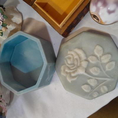 Delicate collectibles - lidded porcelain canister - vase - doll - and more