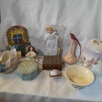 Delicate collectibles - lidded porcelain canister - vase - doll - and more