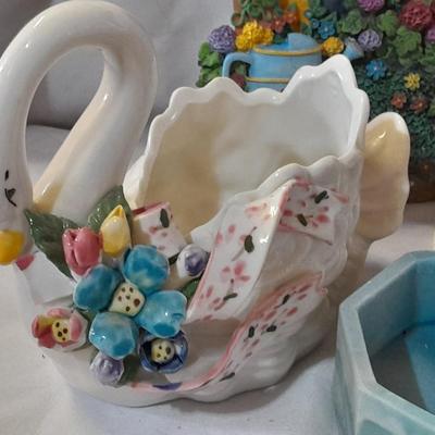 Delicate collectibles - lidded porcelain canister - vase - doll - and more