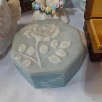 Delicate collectibles - lidded porcelain canister - vase - doll - and more