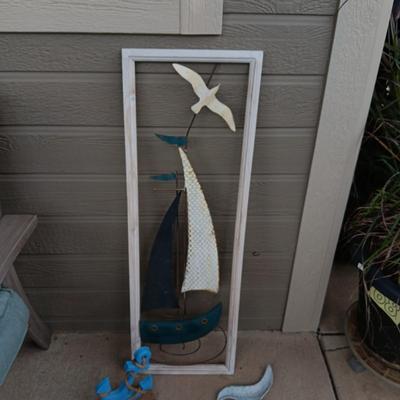 METAL AND WOOD SAILBOAT PICTURE, METAL WHALE AND ANCHOR