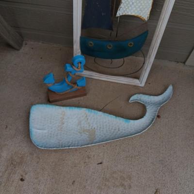 METAL AND WOOD SAILBOAT PICTURE, METAL WHALE AND ANCHOR