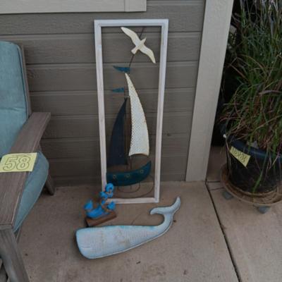 METAL AND WOOD SAILBOAT PICTURE, METAL WHALE AND ANCHOR
