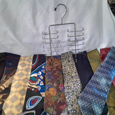 Ten neck ties and a hanger for them