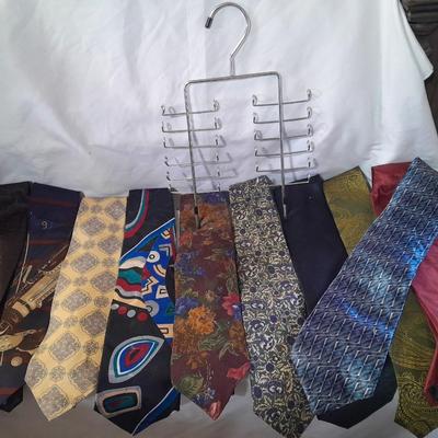 Ten neck ties and a hanger for them