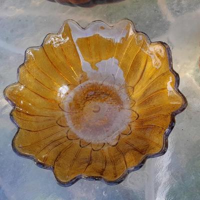 Amber glass bowls - Pedestal bowl and flower shape pressed glass
