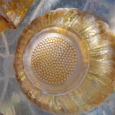 Amber glass bowls - Pedestal bowl and flower shape pressed glass