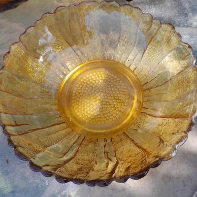 Amber glass bowls - Pedestal bowl and flower shape pressed glass