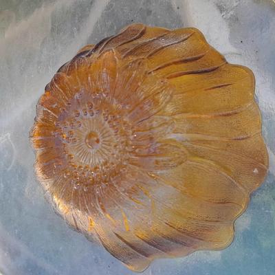 Amber glass bowls - Pedestal bowl and flower shape pressed glass