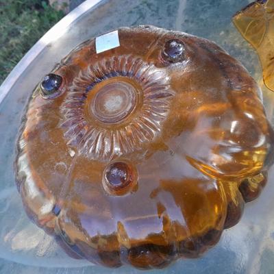 Amber glass bowls - Pedestal bowl and flower shape pressed glass