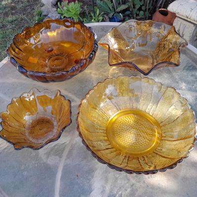 Amber glass bowls - Pedestal bowl and flower shape pressed glass