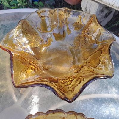 Amber glass bowls - Pedestal bowl and flower shape pressed glass