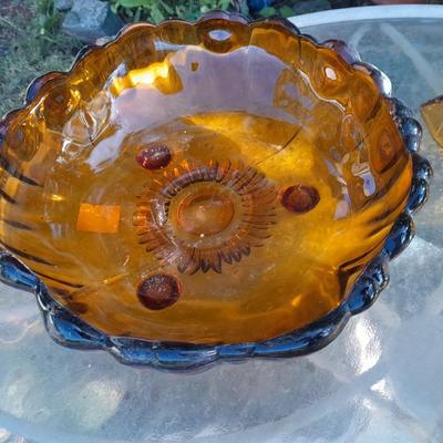 Amber glass bowls - Pedestal bowl and flower shape pressed glass