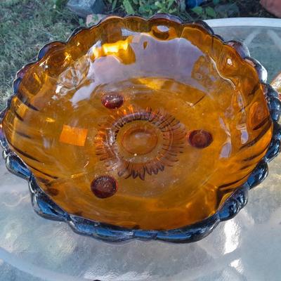 Amber glass bowls - Pedestal bowl and flower shape pressed glass
