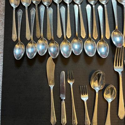 Antique Lunt "Treasure" 74 Pc. Sterling Silver Flatware (1866 g. w/o Knives, Serving Set)