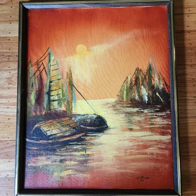 Asian Sailboats an Original Oil on Canvas