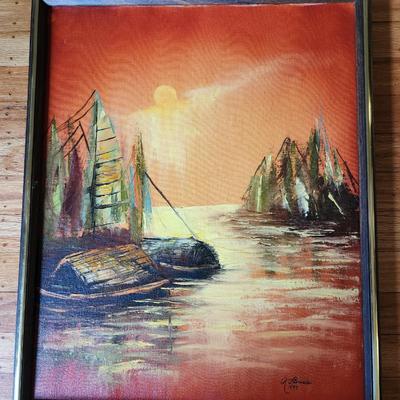Asian Sailboats an Original Oil on Canvas