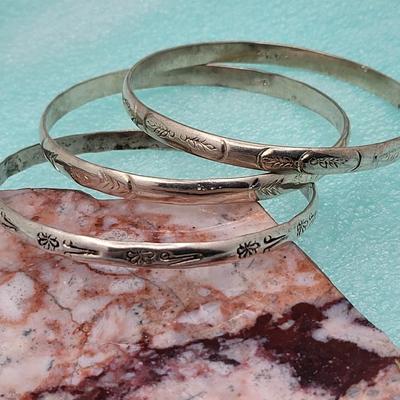 Trio Sterling Etched Bangle Bracelets Mexico 39.4gr