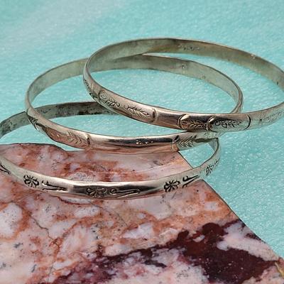 Trio Sterling Etched Bangle Bracelets Mexico 39.4gr