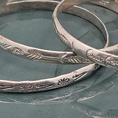 Trio Sterling Etched Bangle Bracelets Mexico 39.4gr