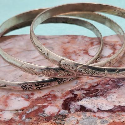 Trio Sterling Etched Bangle Bracelets Mexico 39.4gr