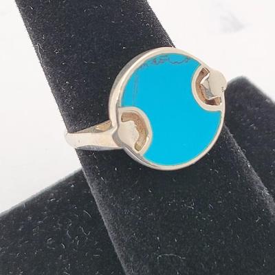 Turquoise Disk Inlay 925 Ring Size 8