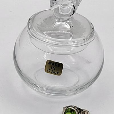 Vintage Italy Glass Swan Trinket Jar & 925 Green Stone Ring