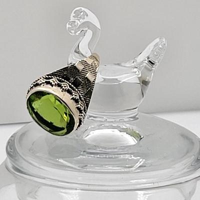 Vintage Italy Glass Swan Trinket Jar & 925 Green Stone Ring