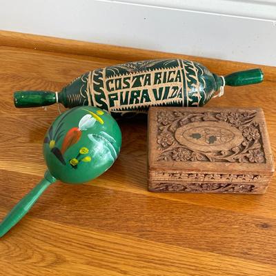 2 Maracas and Wooden Carved Box