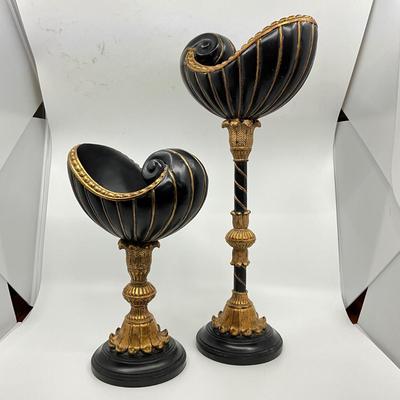 747 Pair of Black and Gold Decorative Shell Stands
