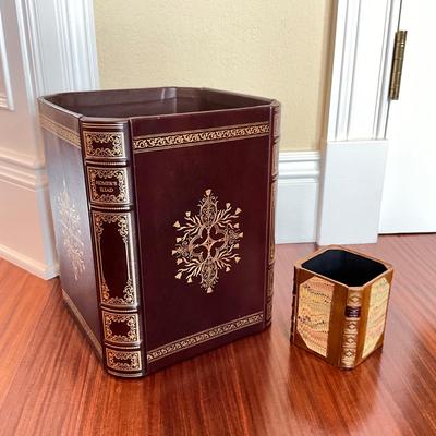 748 Froelich Leather Book Style Waste Can with Dummy Book Co. Pencil Cup