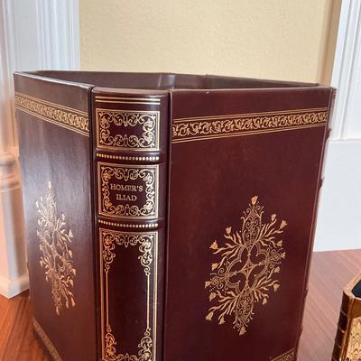 748 Froelich Leather Book Style Waste Can with Dummy Book Co. Pencil Cup