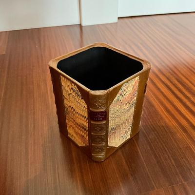 748 Froelich Leather Book Style Waste Can with Dummy Book Co. Pencil Cup