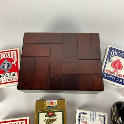 673 Lot of Playing Cards w/ 2" Decorative Wood Dice