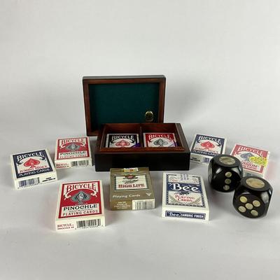 673 Lot of Playing Cards w/ 2" Decorative Wood Dice
