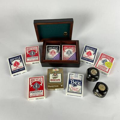 673 Lot of Playing Cards w/ 2" Decorative Wood Dice