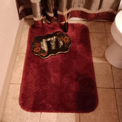 SHOWER CURTAIN W/LINER, BATH RUG, HANDPAINTED MIRROR