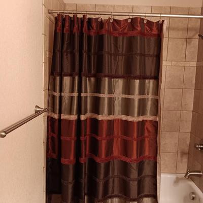 SHOWER CURTAIN W/LINER, BATH RUG, HANDPAINTED MIRROR