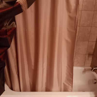 SHOWER CURTAIN W/LINER, BATH RUG, HANDPAINTED MIRROR