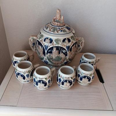 MADE IN GERMANY VERY DETAILED PUNCH BOWL/TUREEN WITH CUPS