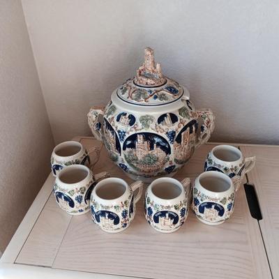 MADE IN GERMANY VERY DETAILED PUNCH BOWL/TUREEN WITH CUPS
