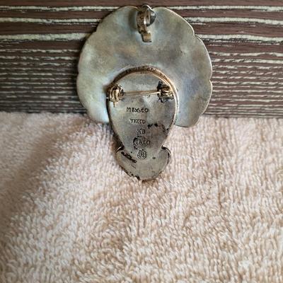 CHEO TAXCO STERLING BROOCH PENDANT, ABALONE HEAD DRESS
