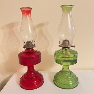 2 Antique Vintage Risden Glass Hurricane Oil Lamps